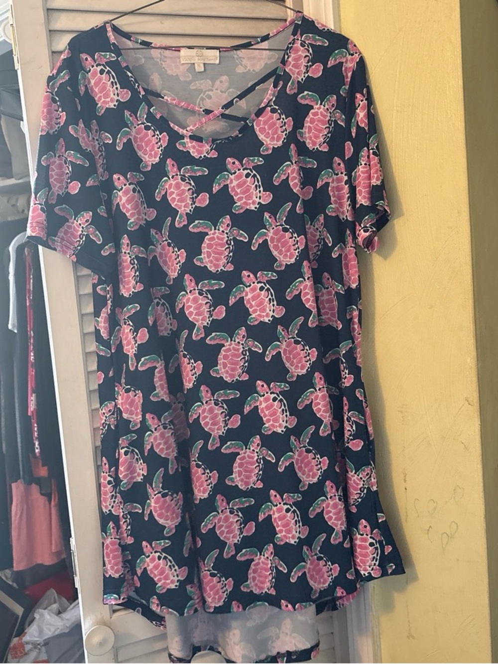 Women’s Blue Short-Sleeve Tunic with Pink Turtle Print